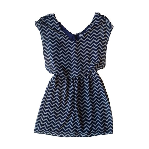 Speechless Navy Blue and White Chevron Pattern Blouson Mini Dress Women's Medium - Picture 1 of 12